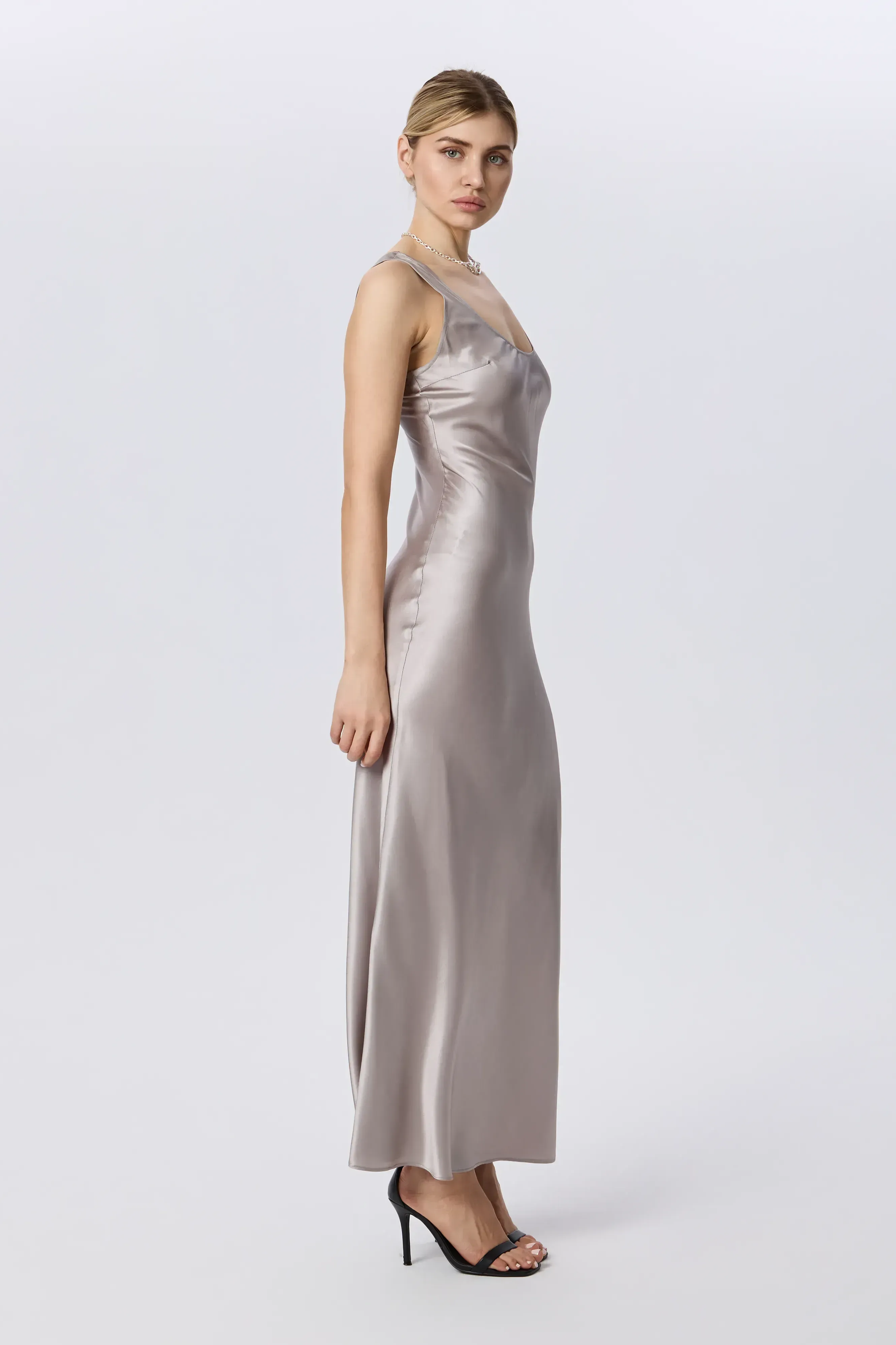 Long silver satin dress image