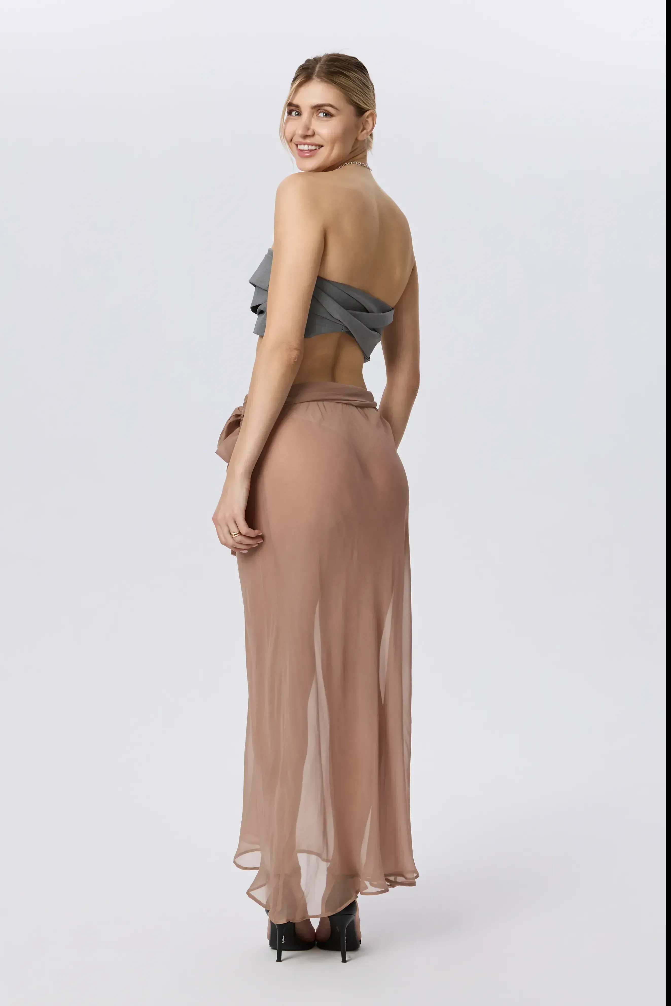 Fustă lungă din mătase naturală nude