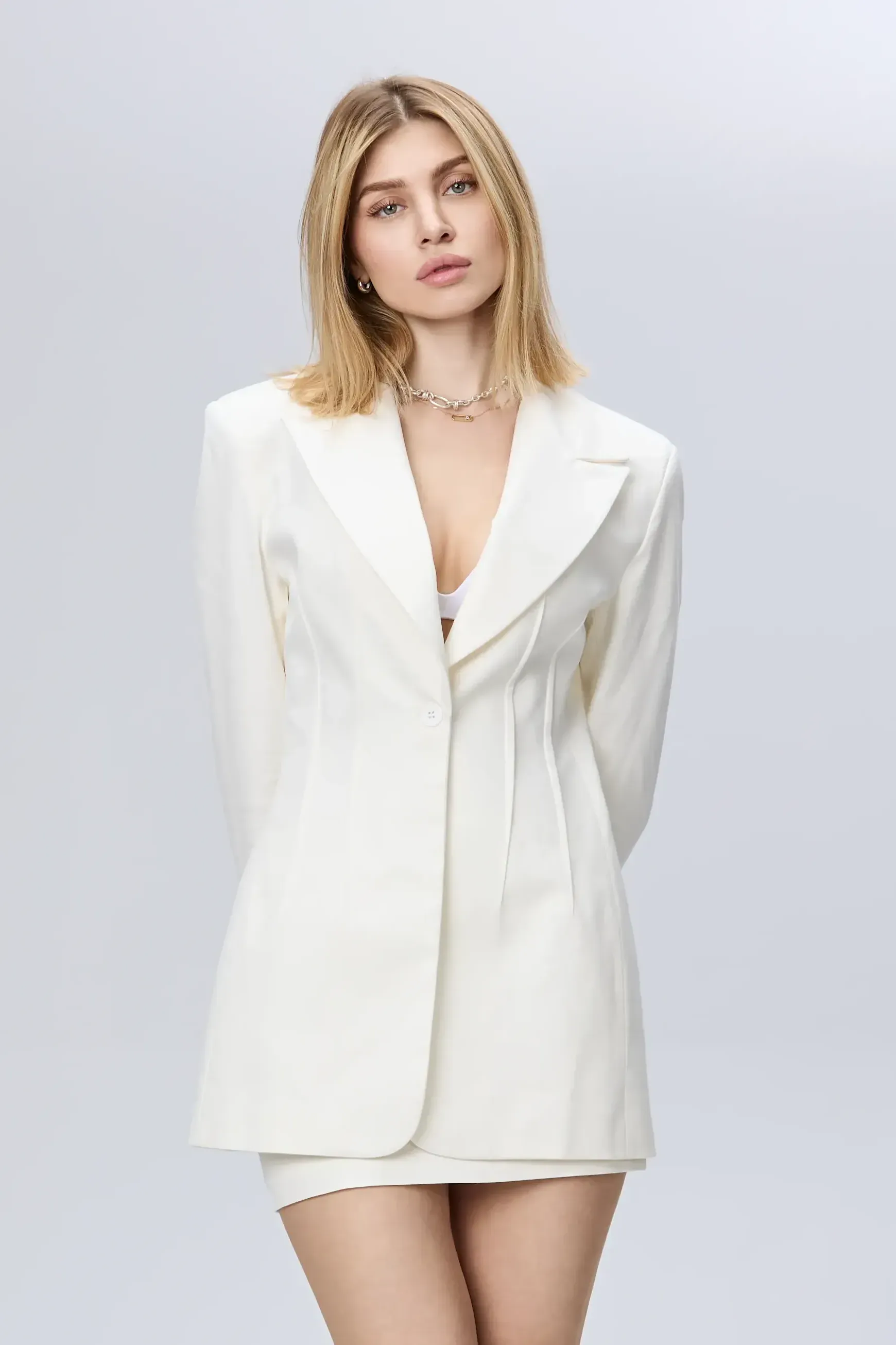 Costum elegant alb din bumbac cu elastan și dublură vâscoză image