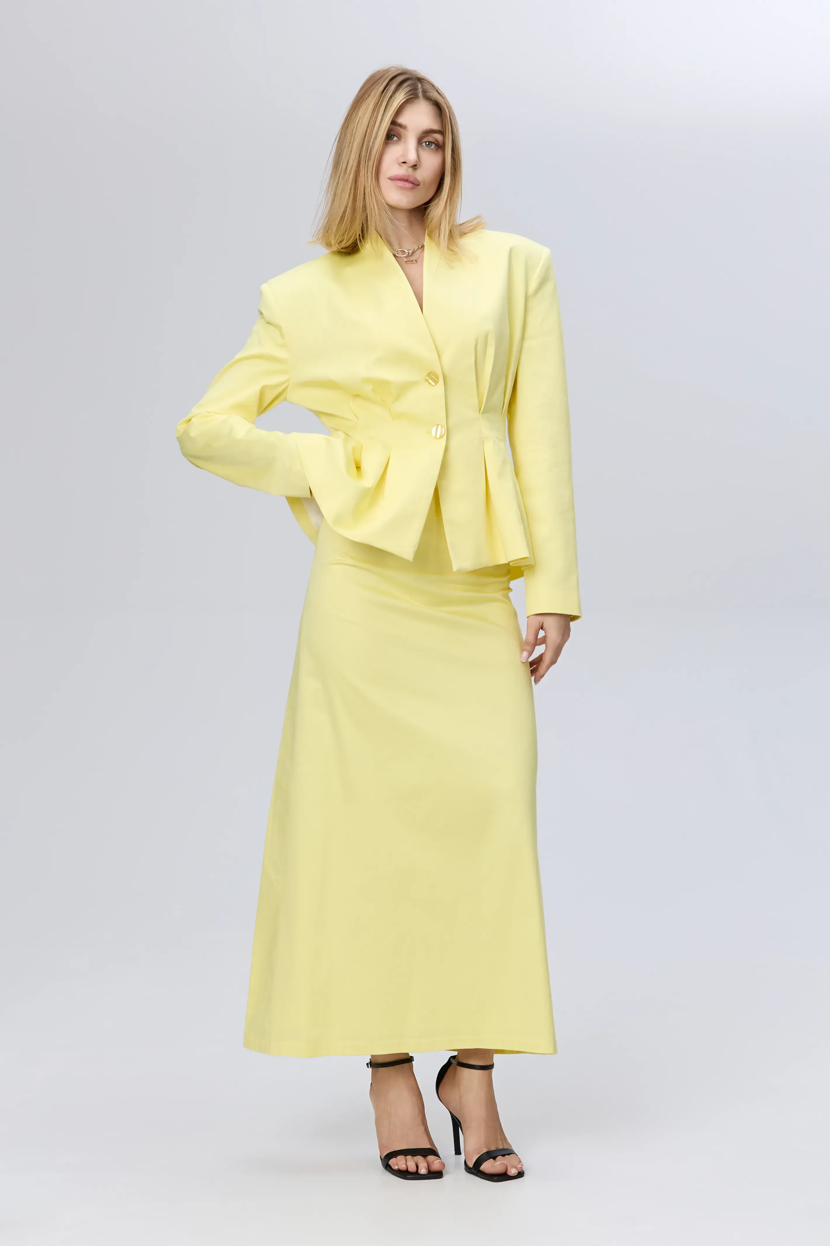 Costum din bumbac premium sacou și fustă galben image